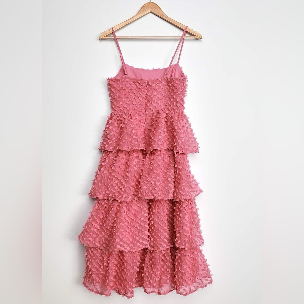 Lulu's Flirting with You Mauve Tiered Pom Pom Midi Dress size XS - Picture 3 of 9